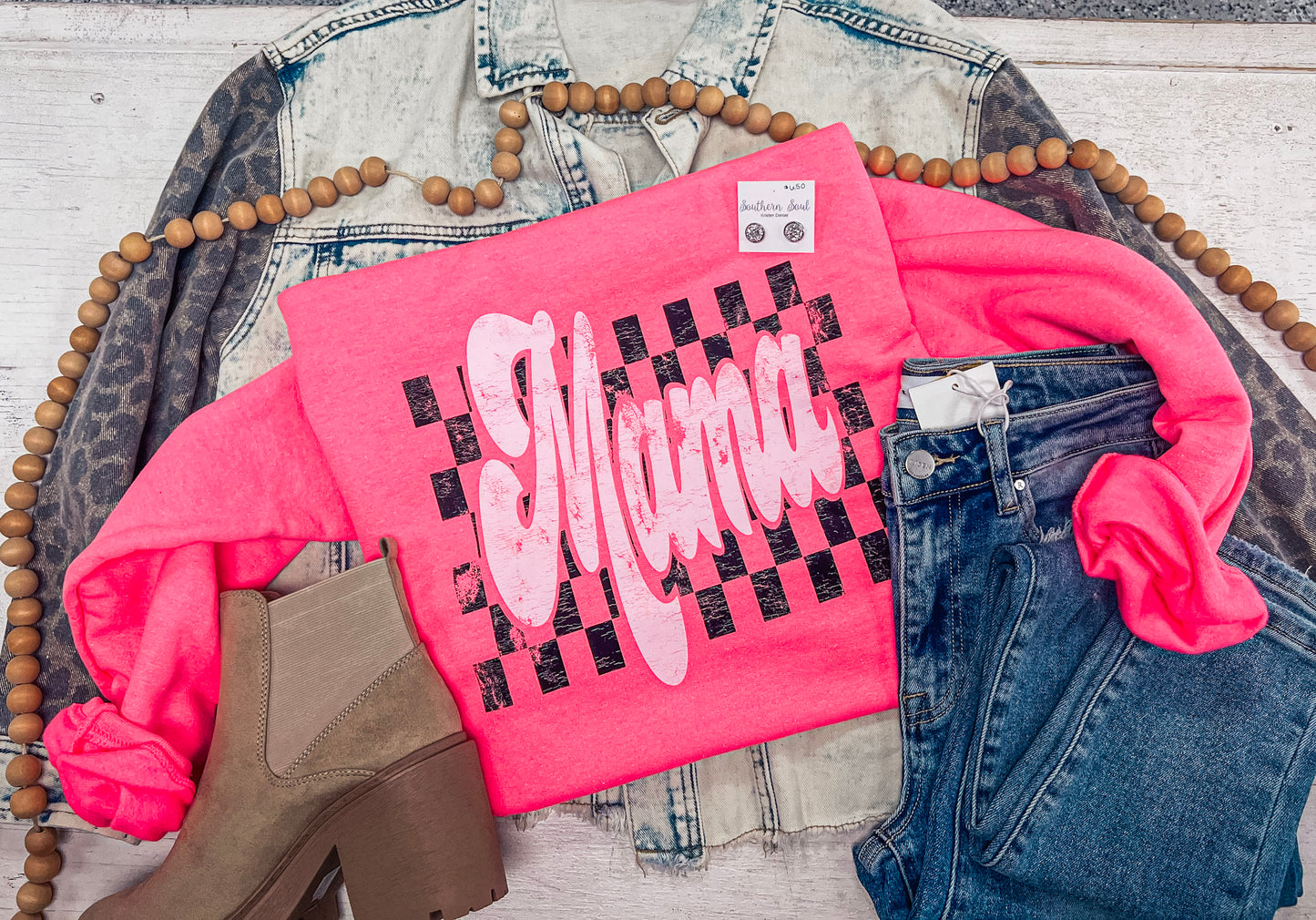 HOT PINK MAMA CHECKERED SWEATSHIRT