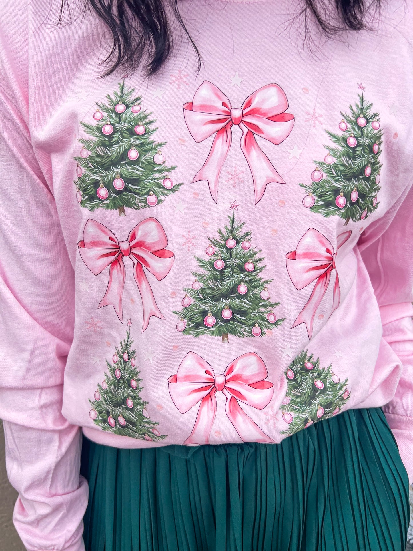PINK CHRISTMAS TREE BOWS LONG SLEEVE (BLOSSOM)