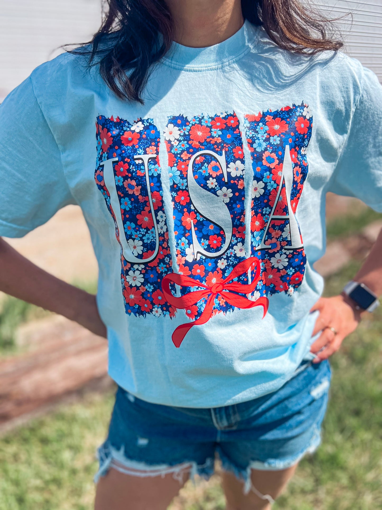 FLORAL USA TEE (CHAMBRAY)