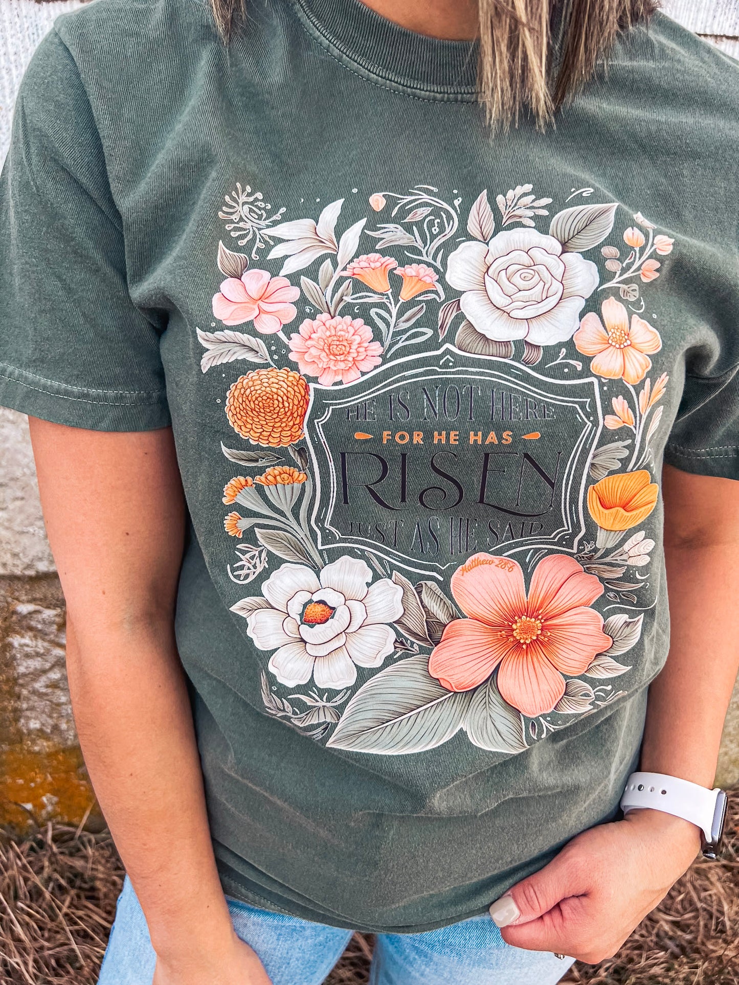 MOSS FLORAL HE IS RISEN TEE