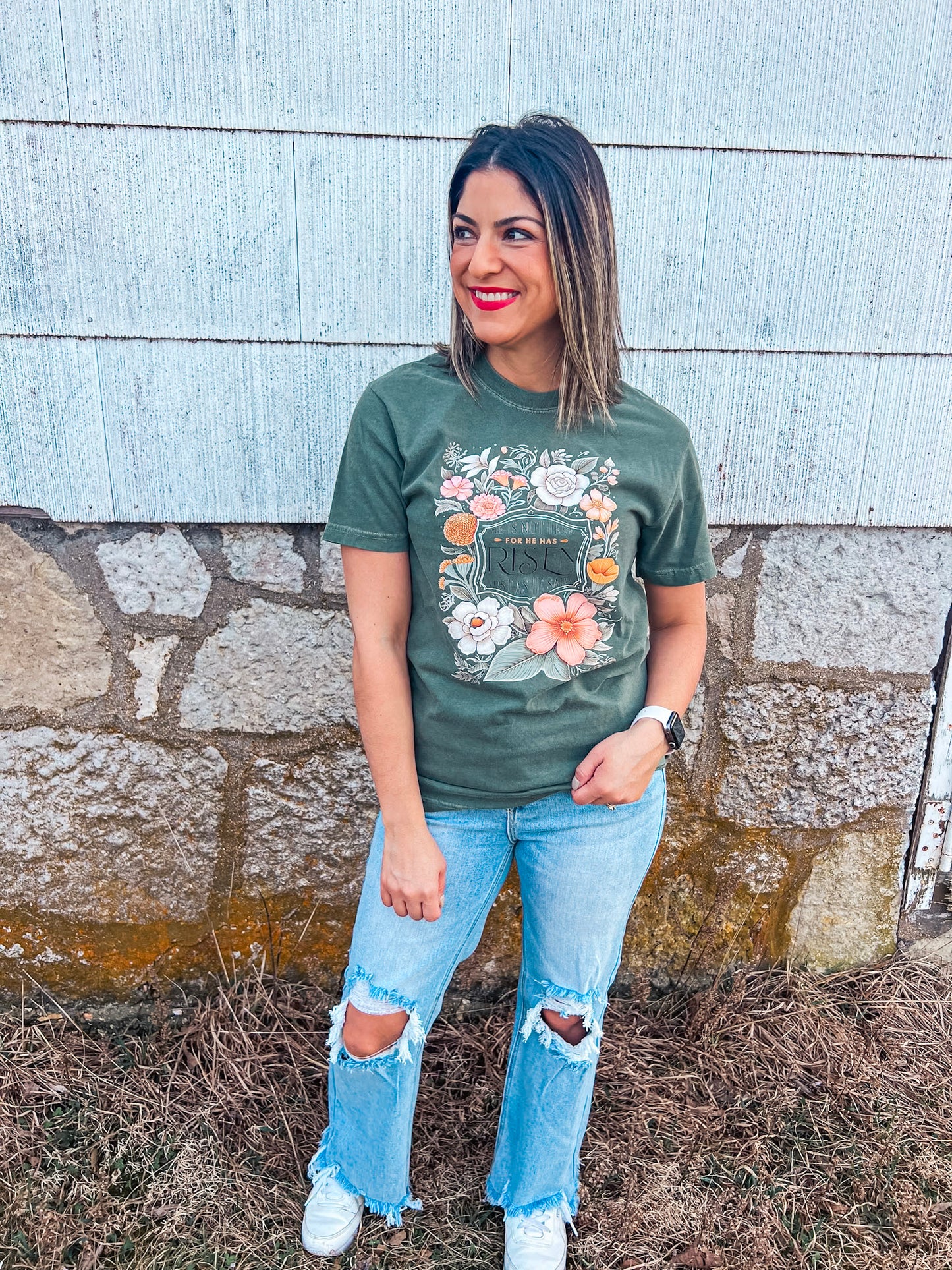 MOSS FLORAL HE IS RISEN TEE