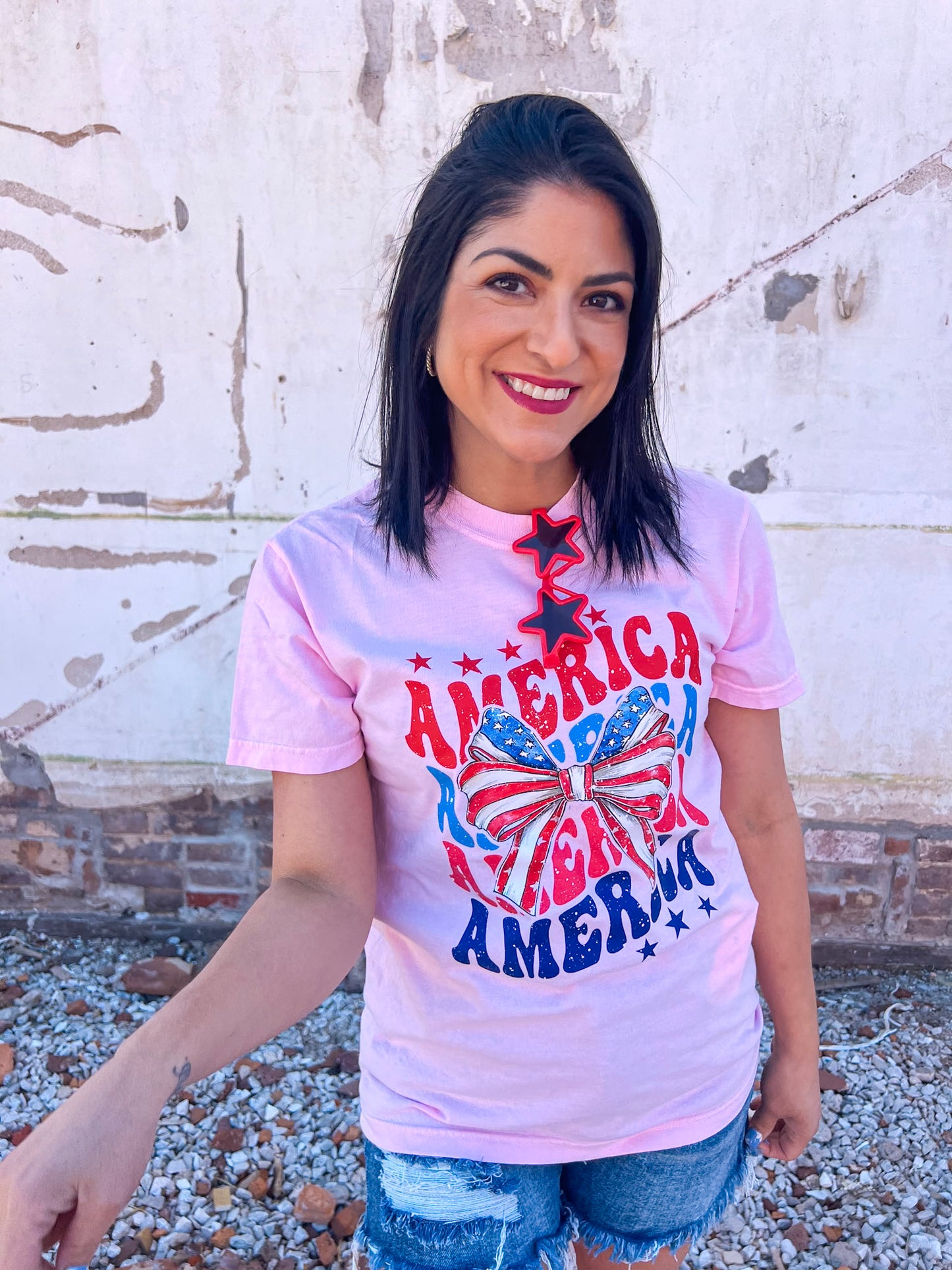 AMERICA PINK BOW TEE