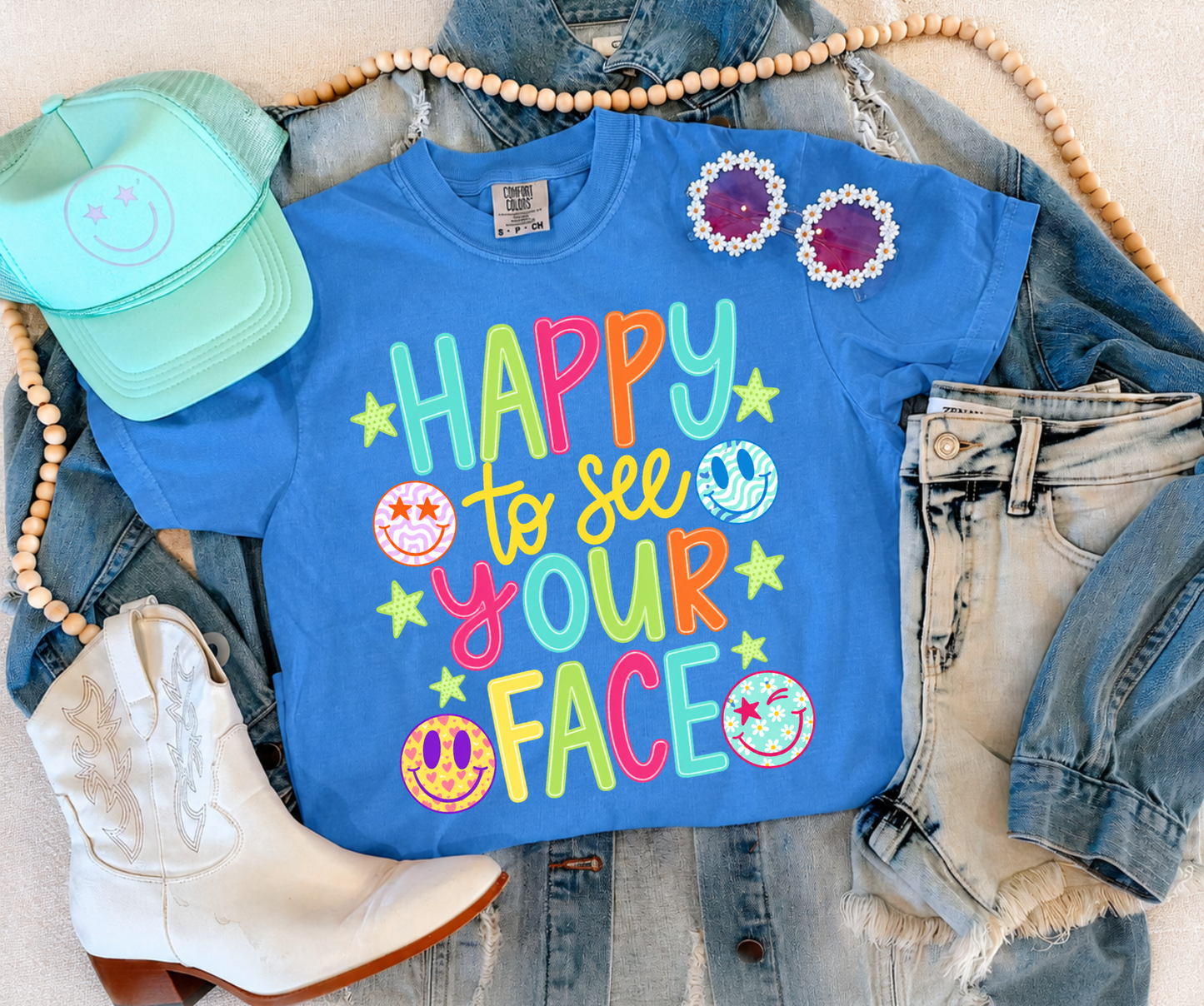 HAPPY TO SEE YOUR FACE TEE (FLO BLUE)