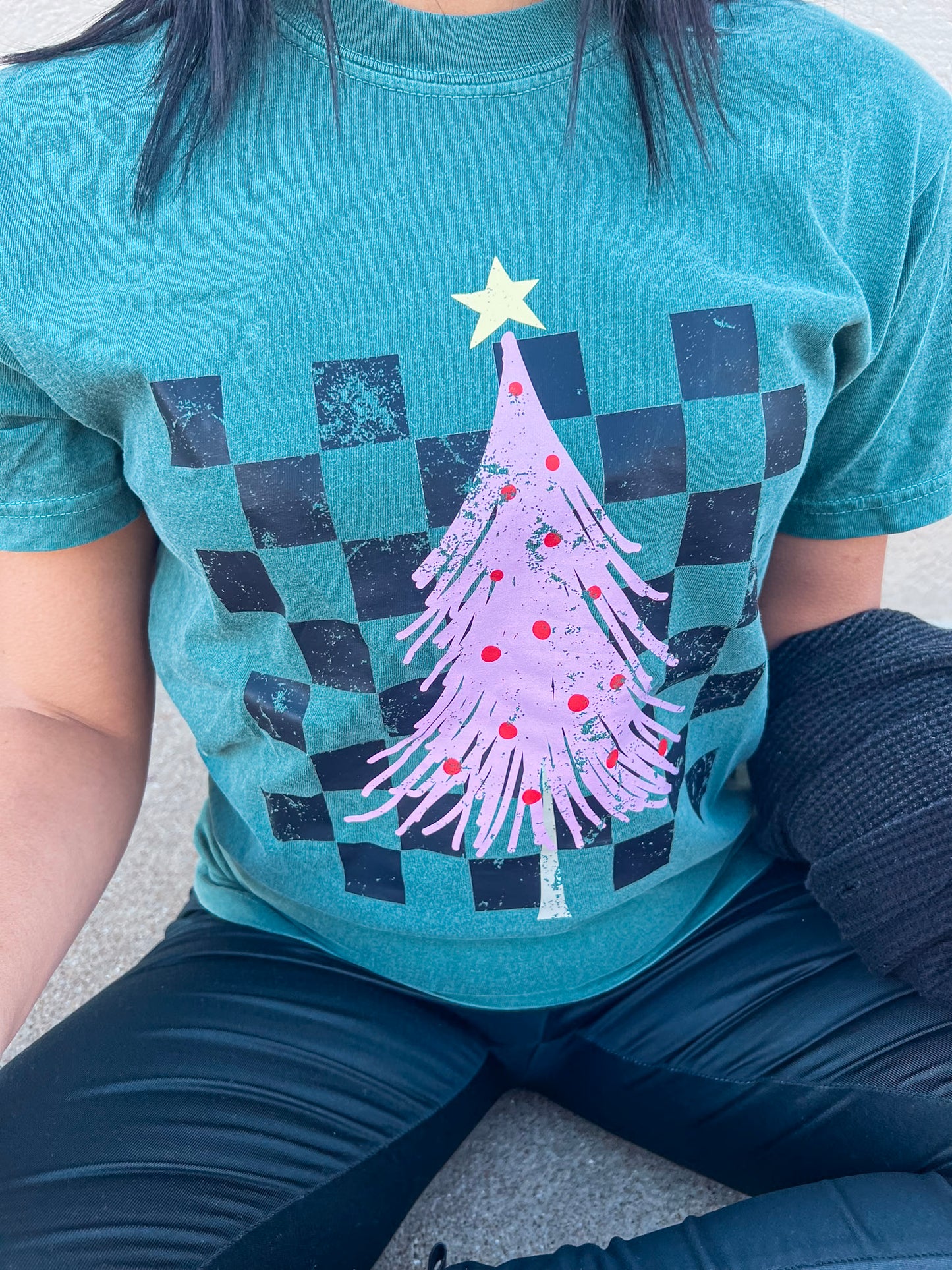 CHECKERED PINK CHRISTMAS TREE TEE (BLUE SPRUCE)