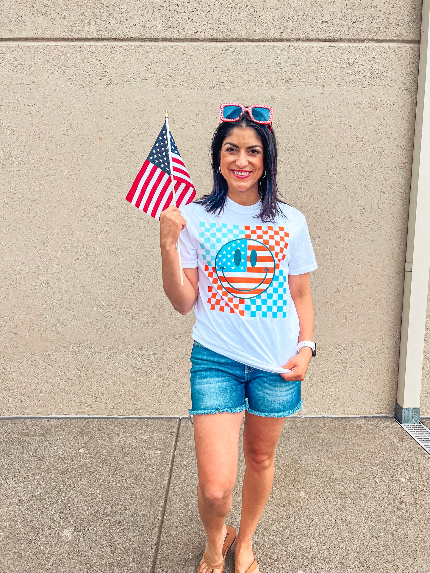 RED WHITE & BLUE HAPPY CHECKERED TEE