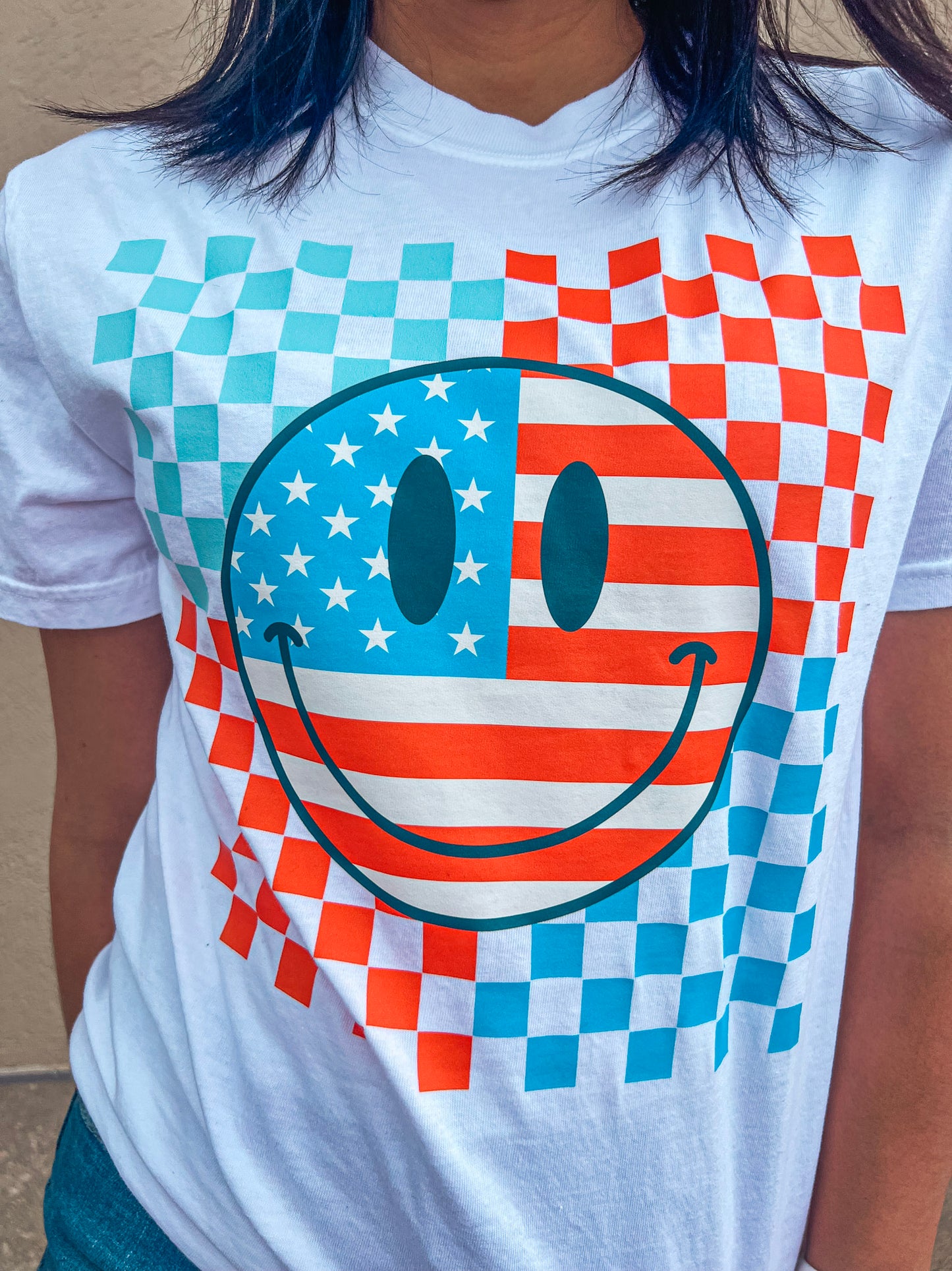 RED WHITE & BLUE HAPPY CHECKERED TEE