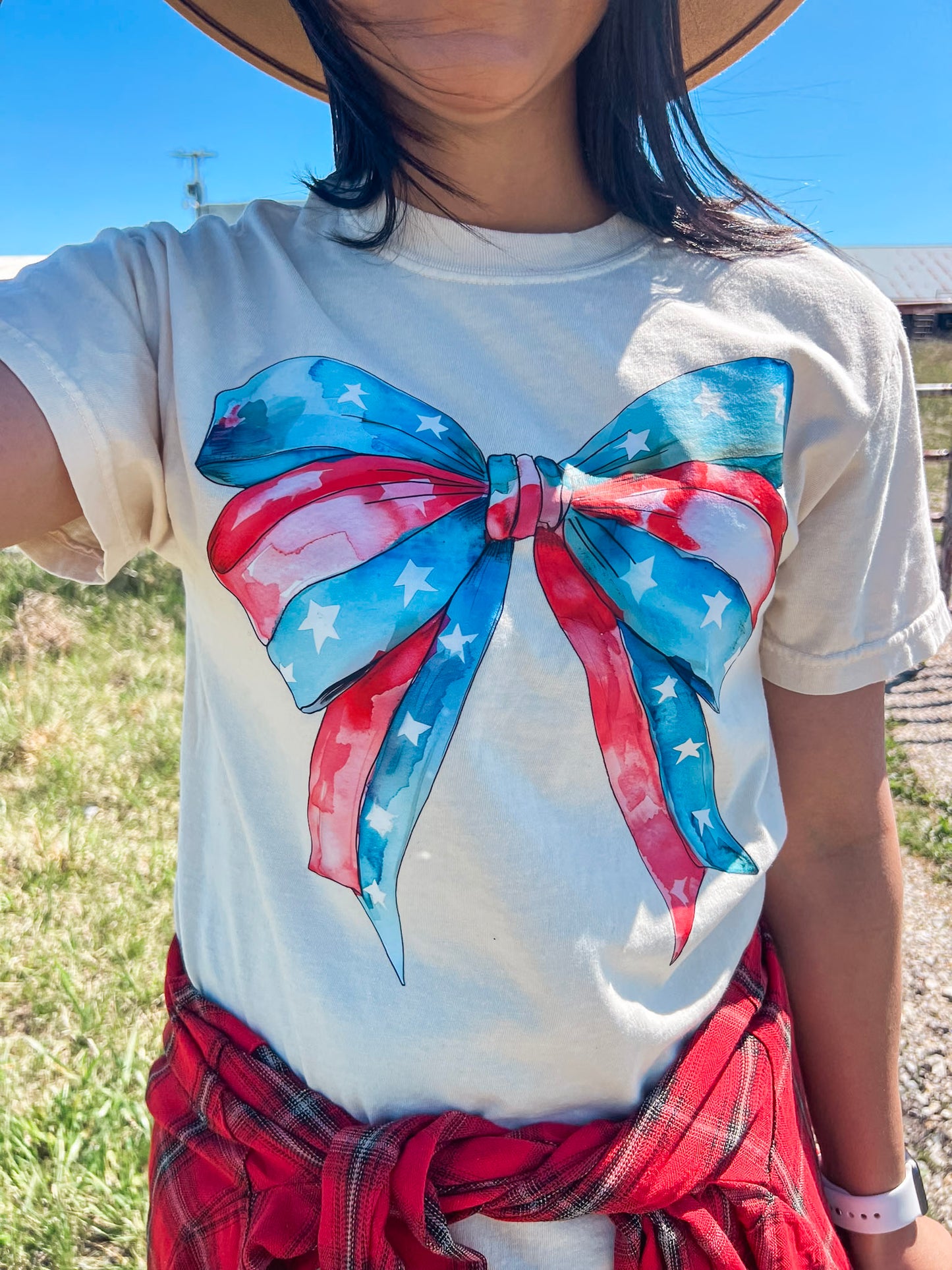 RED WHITE AND BLUE BOW TEE