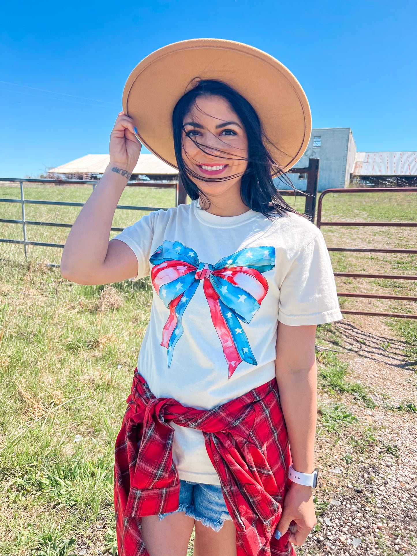 RED WHITE AND BLUE BOW TEE