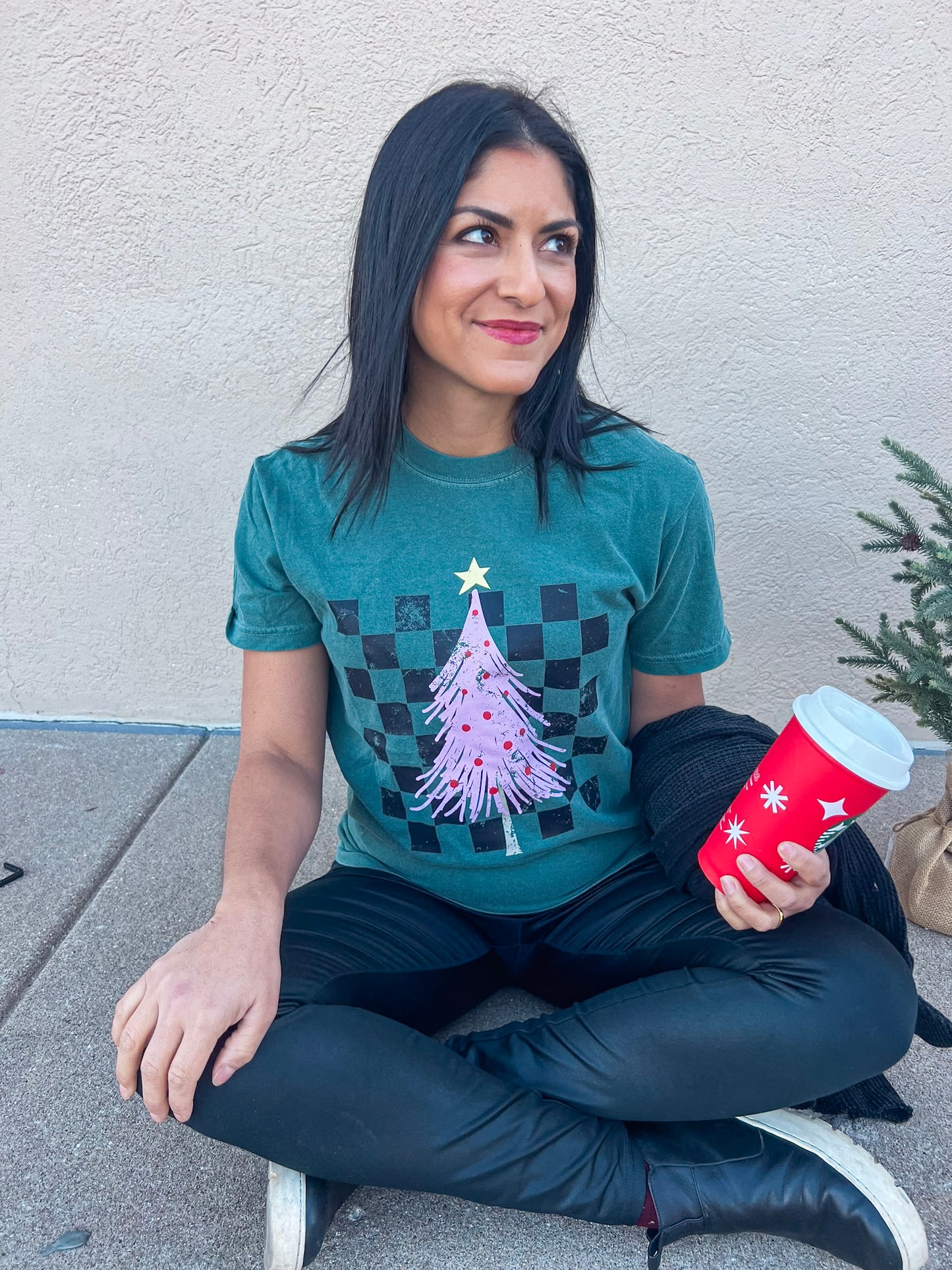 CHECKERED PINK CHRISTMAS TREE TEE (BLUE SPRUCE)