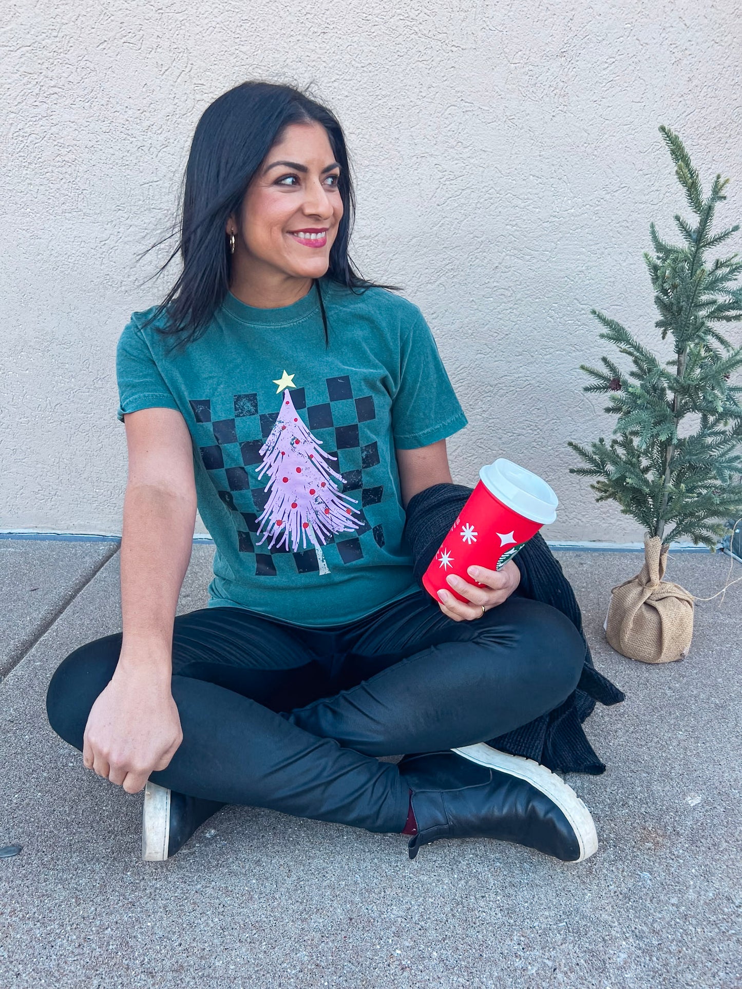 CHECKERED PINK CHRISTMAS TREE TEE (BLUE SPRUCE)
