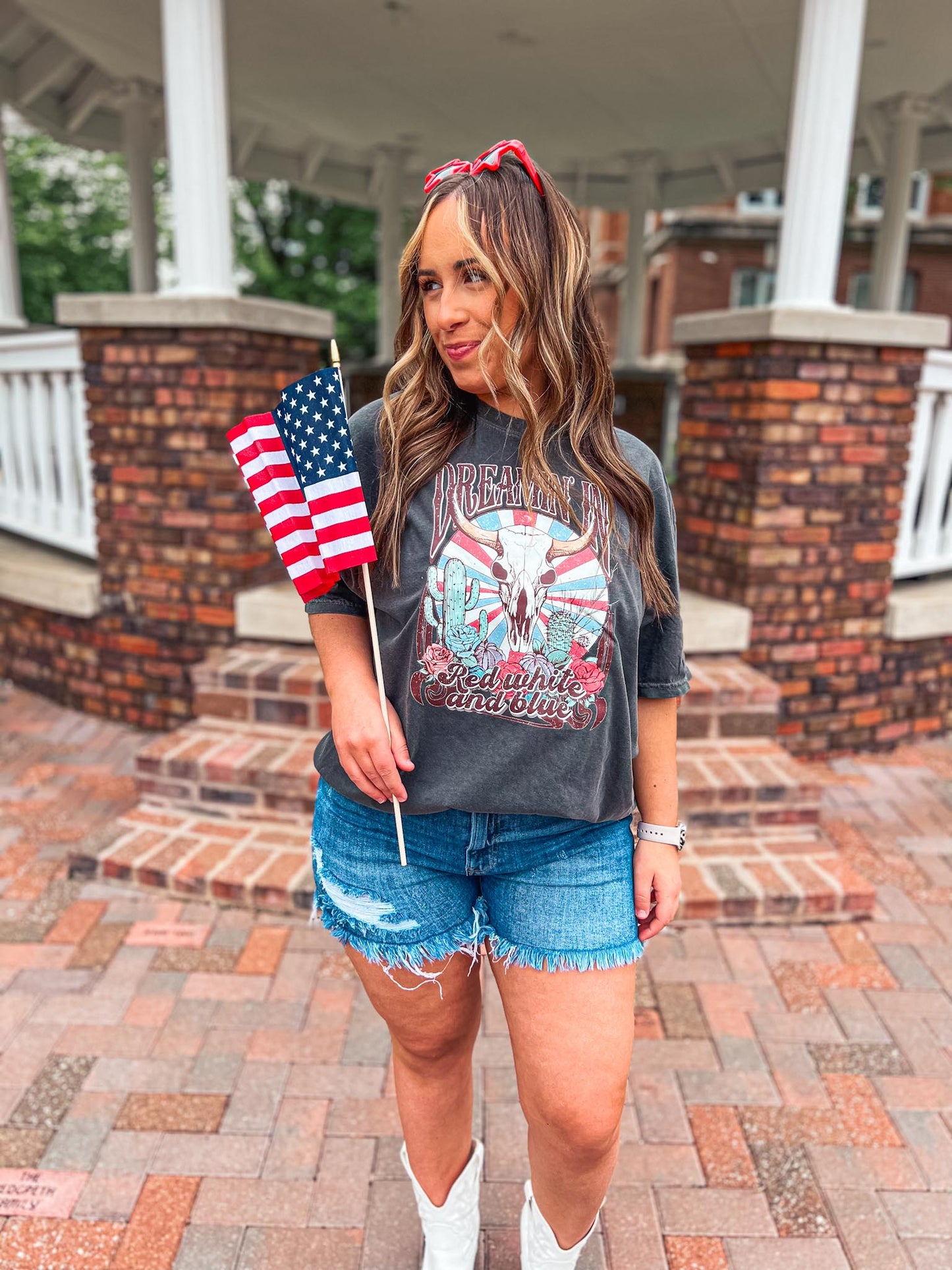 DREAMIN IN RED WHITE AND BLUE TEE