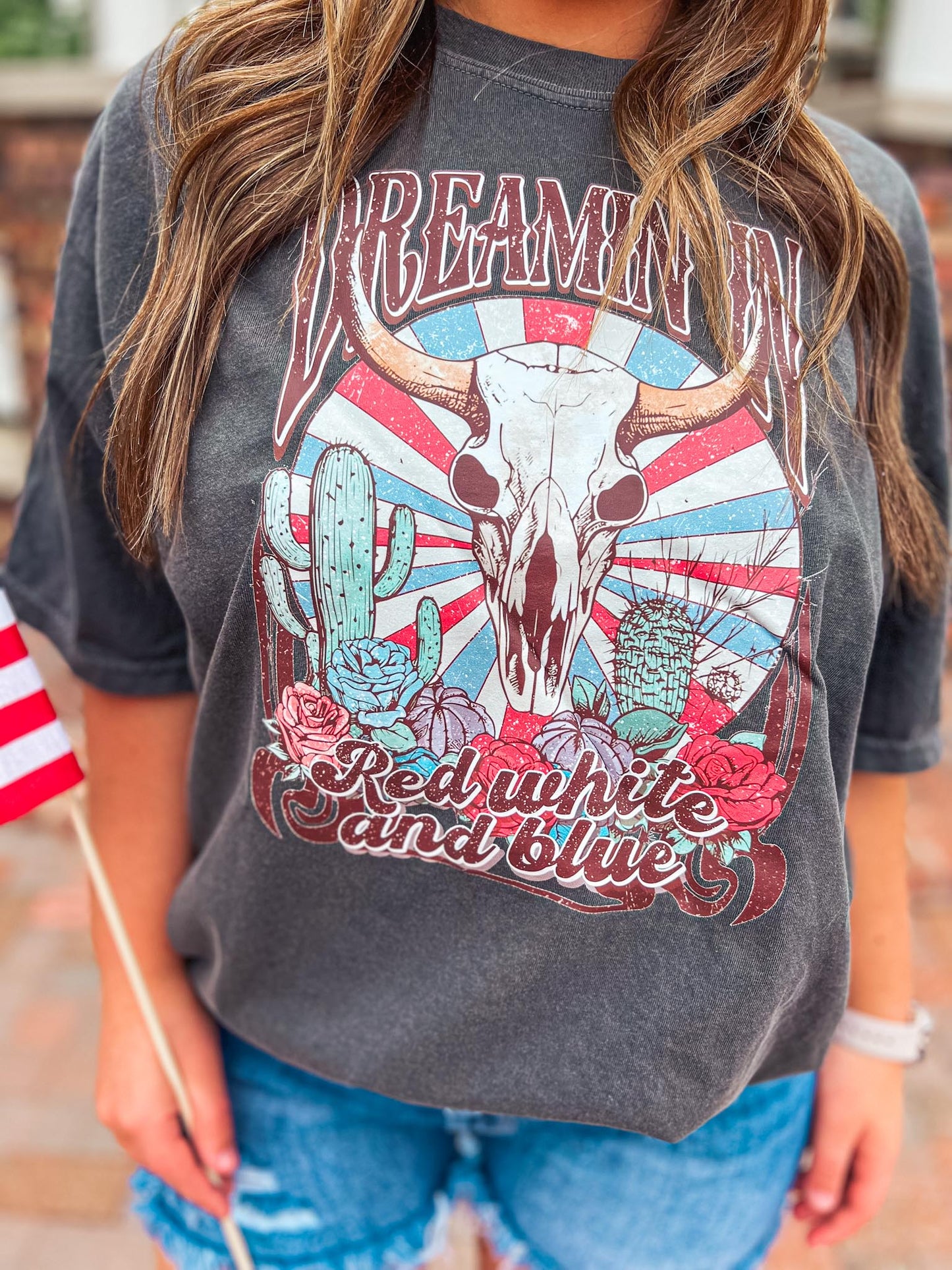 DREAMIN IN RED WHITE AND BLUE TEE