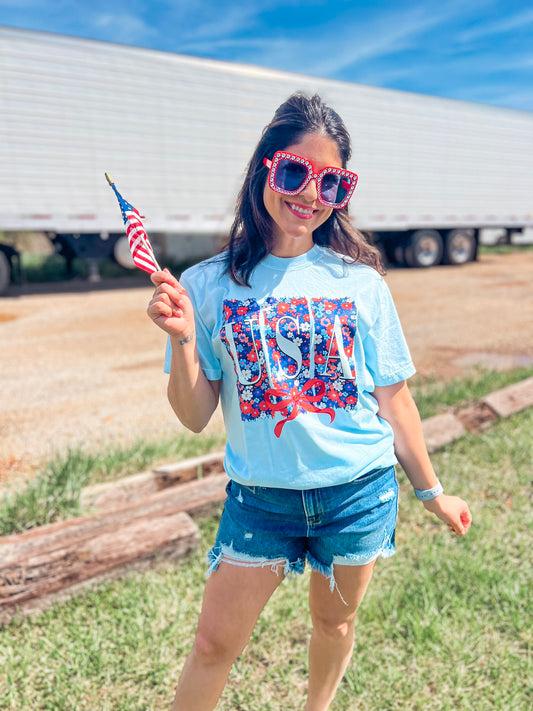 FLORAL USA TEE (CHAMBRAY)