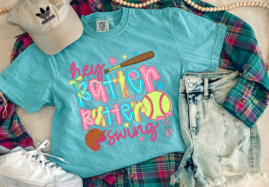 HEY BATTER BATTER SOFTBALL TEE (LAGOON)