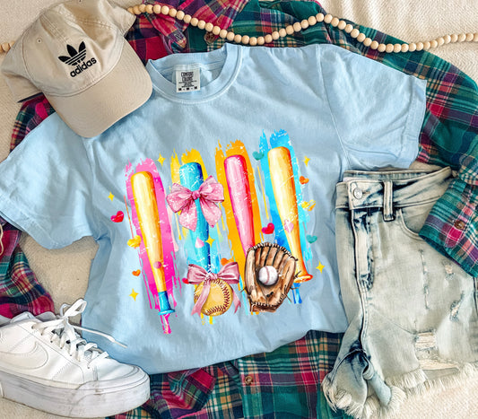 WATERCOLOR BATS SOFTBALL TEE (CHAMBRAY)