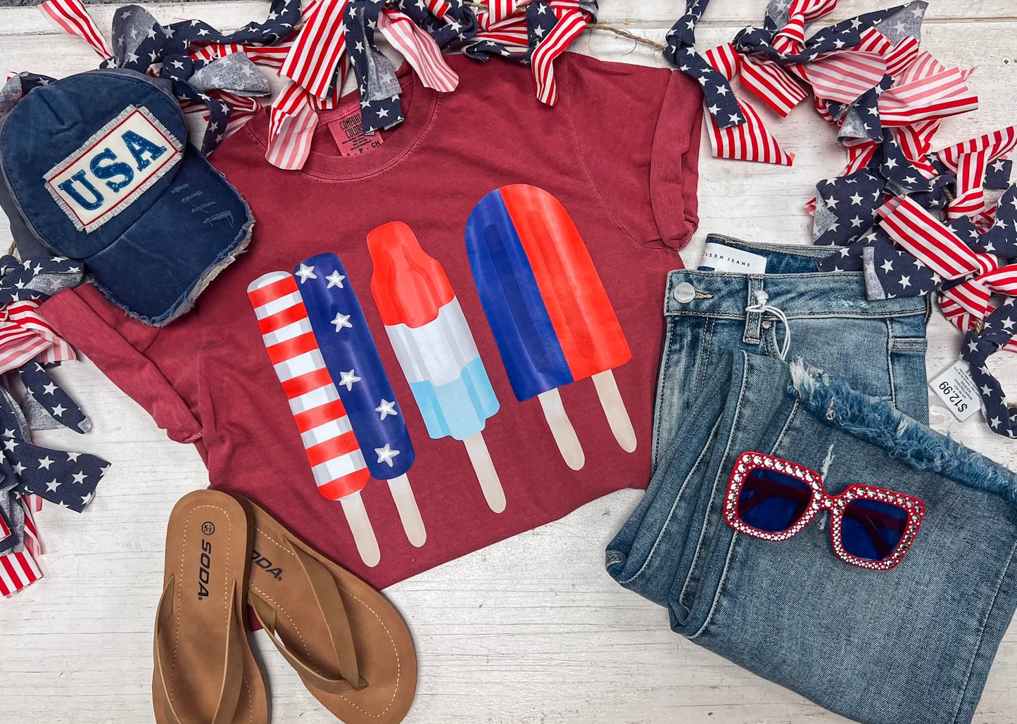 RED WHITE AND BLUE POPSICLES TEE (CRIMSON)