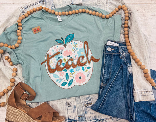 FLORAL TEACH APPLE TEE (DUSTY BLUE BC)