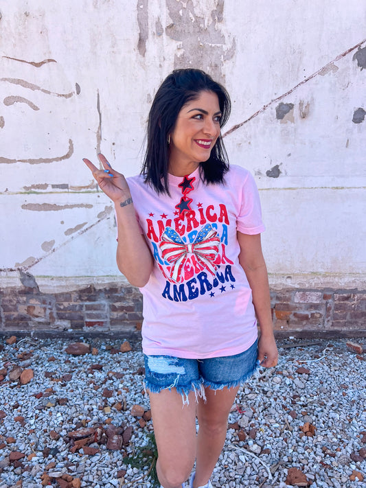 AMERICA PINK BOW TEE