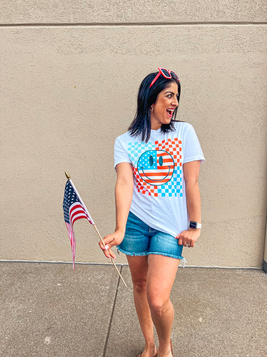 RED WHITE & BLUE HAPPY CHECKERED TEE