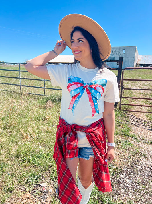 RED WHITE AND BLUE BOW TEE