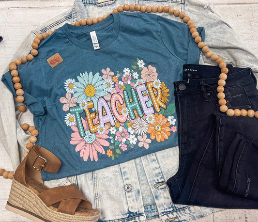 TEACHER COLORFUL FLORAL TEE (SLATE BC)