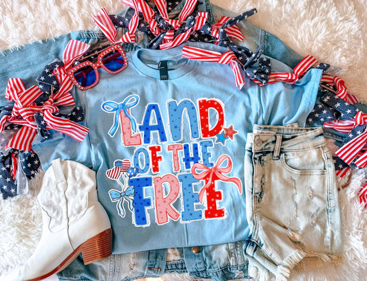 LAND OF THE FREE GIRLY TEE (H. COLUMBIA BLUE)